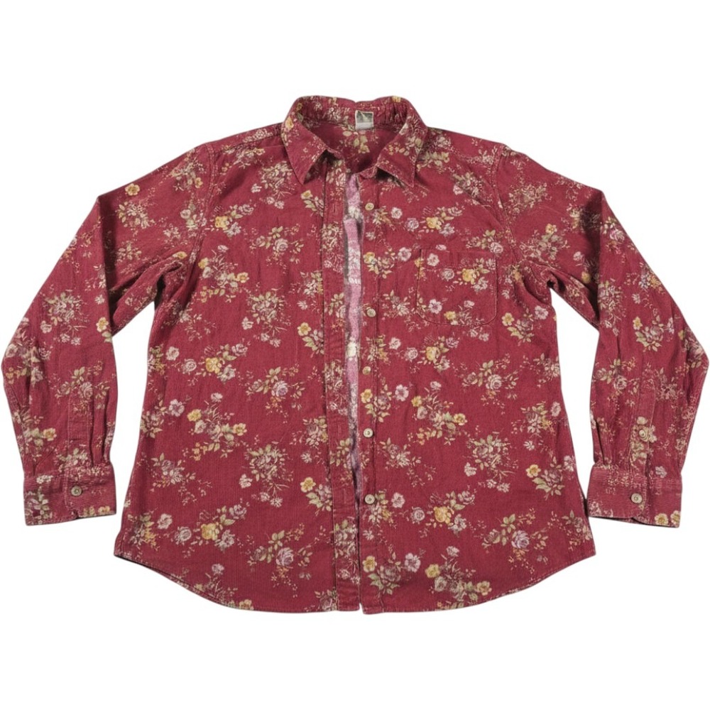 LL Bean Womens Large Red Floral Corduroy Button Down Shirt Long Sleeve Vintage